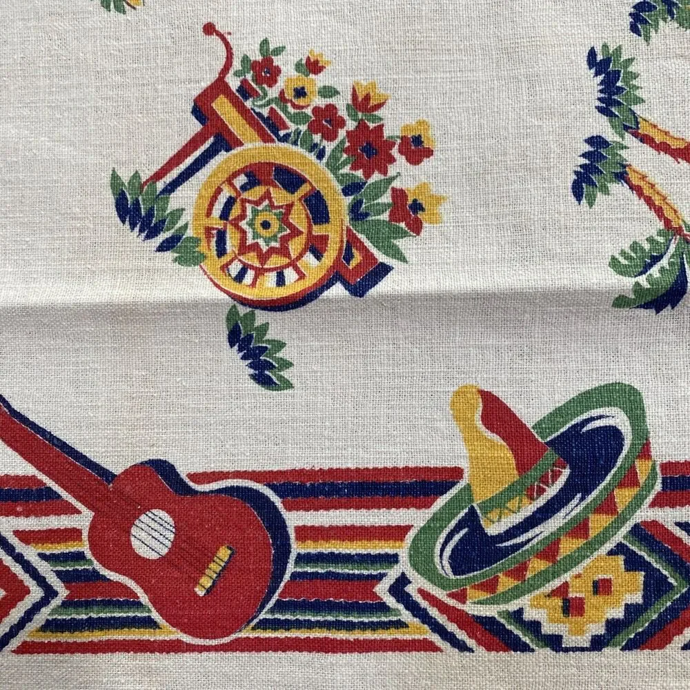 Vintage Startex Mills Cotton Linen Tea Towel Beige Red Blue Southwestern Print